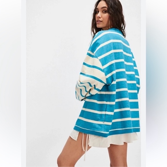 FREE PEOPLE Classic Striped Blue and Cream Sweatshirt Cardigan - Picture 6 of 6